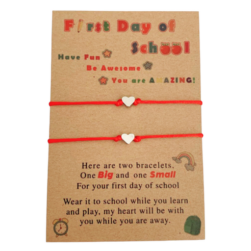 First day of school red string bracelets with silver heart