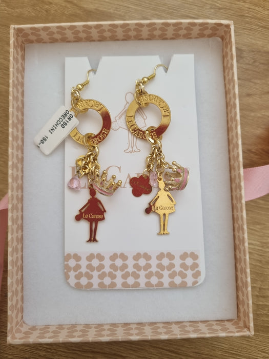 Womens Long Gold Plated Charm Earrings - Princess - Pink