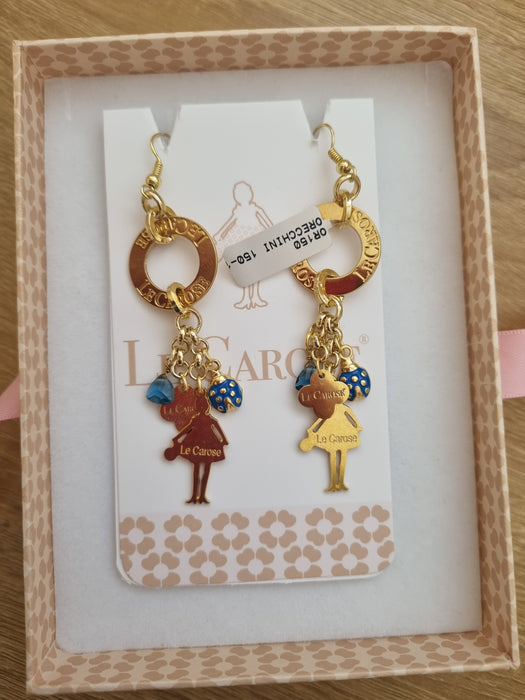 Womens Gold Plated Long Charm Earrings - Ladybug - Blue