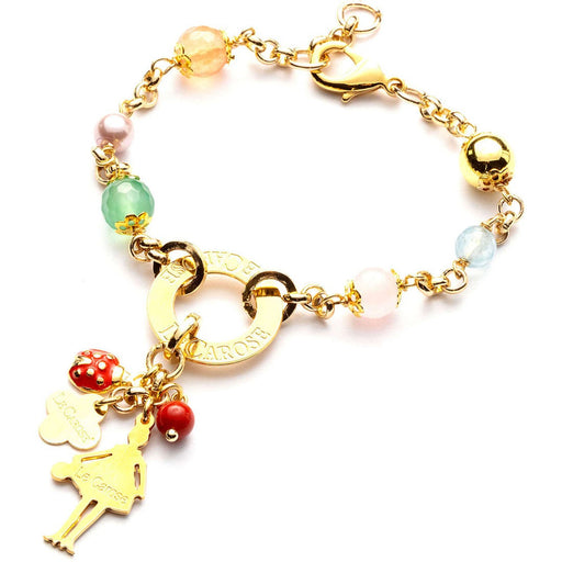 Multi coloured jewels on gold bracelet with charms