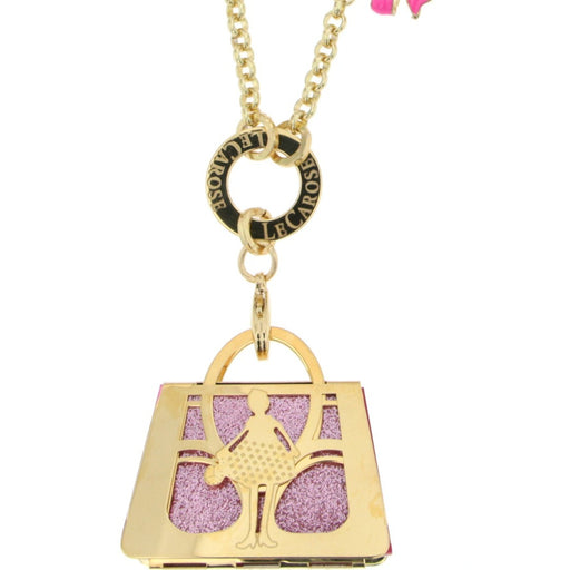 Gold plated long chain necklace with handbag charm with pink glitter and pink bow charm