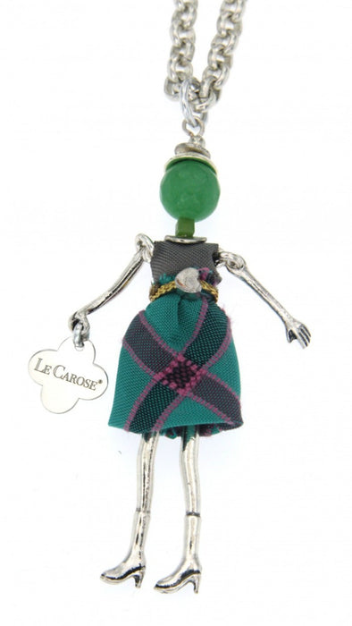 silver long chain necklace with doll pendant. doll wears scottish type skirt , gold belt with pendant , grey top and has an emerald green head