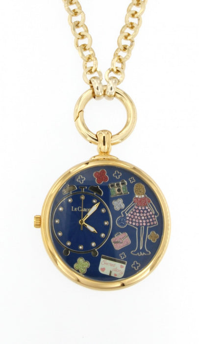 Gold plated necklace with Necklace clock pendant with navy clock face and swarovski 