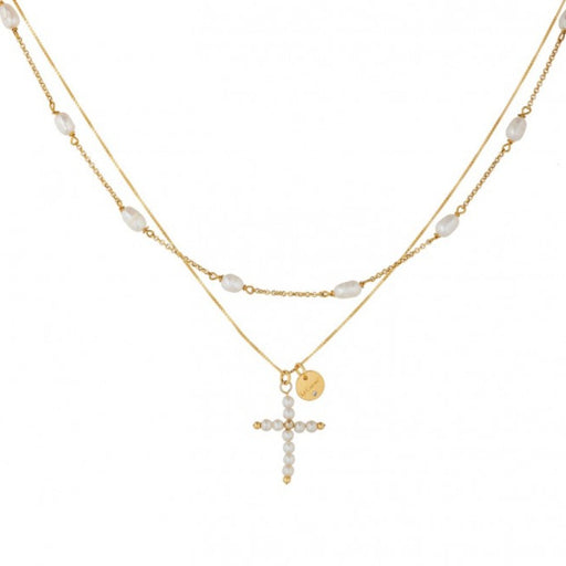 Gold plated 2 chain necklace with pearl cross