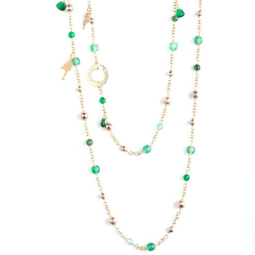 le carose gold plated long chain necklace with green gems and necklace charms