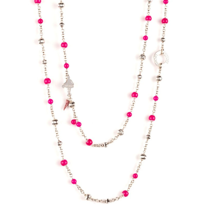 silver plated long necklace with pink jews and necklace charms