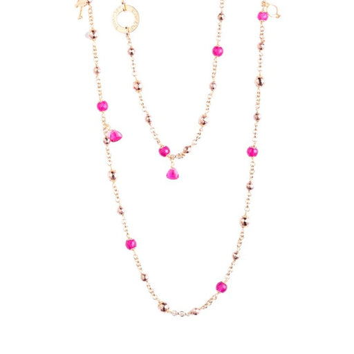 Gold plated long necklace with pink jewels and charms