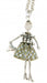 silver long chain necklace. Doll wears a metallic skirt, metal top, shoes with rhinestones and white head