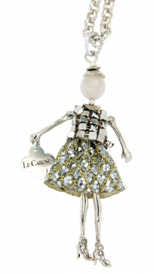 silver long chain necklace. Doll wears a metallic skirt, metal top, shoes with rhinestones and white head