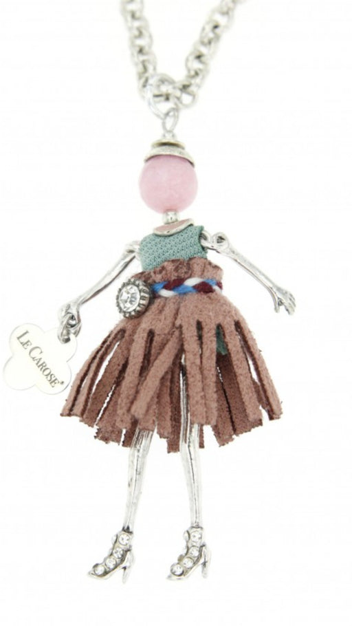 silver long chain necklace with doll pendant. Doll features taupe fringed skirt, teal top, pink head, belt with application