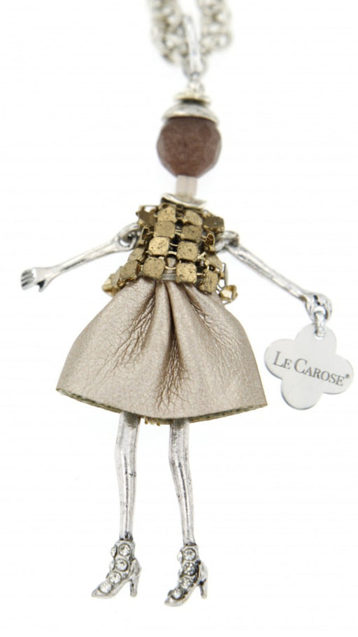 silver long chain necklace with doll charm.Doll features metallic beige eco-leather skirt, golden colour metal top, brown head