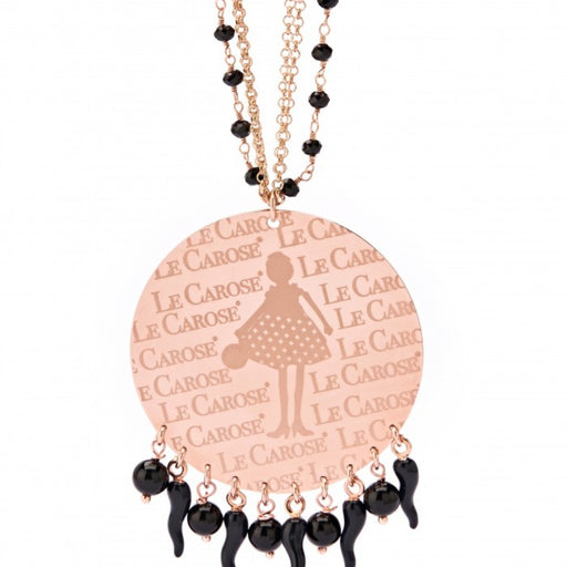 Rose gold pendant necklace with black charms and rosary style chain necklace.