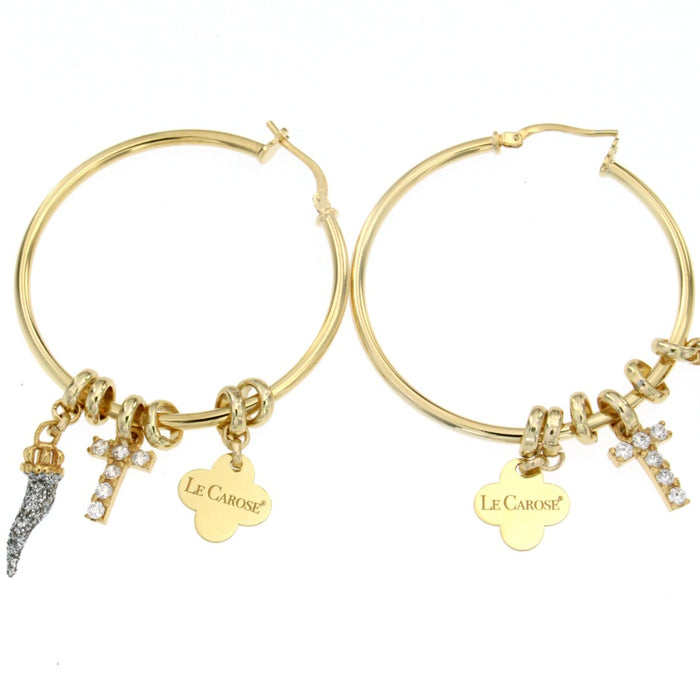 gold hoop earrings with 3 charma on each. one italian corno horn glitter charm, one cross charm and le carose clover charm.