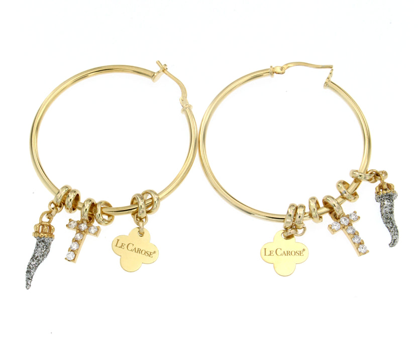 gold hoop earrings with 3 charma on each. one italian corno horn glitter charm, one cross charm and le carose clover charm.