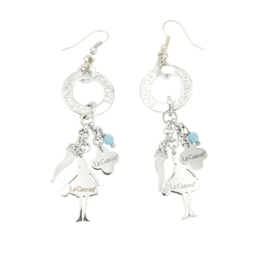 silver charm earringa with baby blue stone, italian white cornetto horn charm and le carose brand doll charm