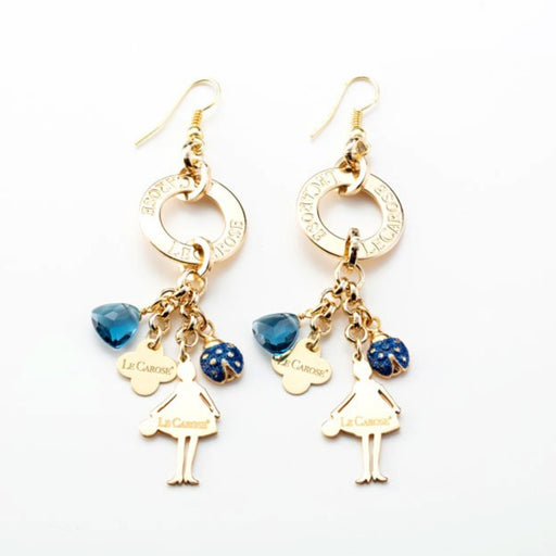 gold charm earrings with blue stone, blue ladybug charm and le carose doll charm