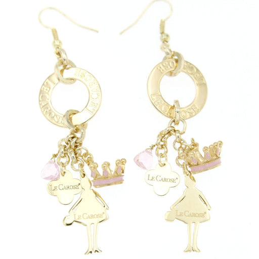 gold charm earrings with pink jewel, pink crown charm and le carose doll charm