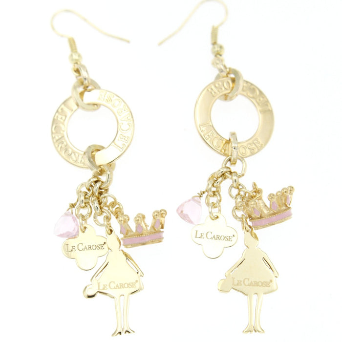 gold charm earrings with pink jewel, pink crown charm and le carose doll charm