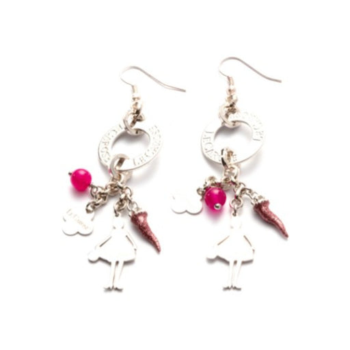 silver charm earrings with pink red jewel, italian glittery cornetto horn charm and le carose doll charm