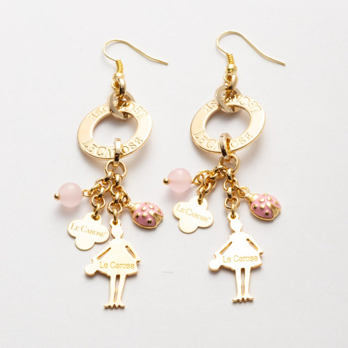 ladies gold charm earrings with pink stone, pink ladybug charm and le carose doll charm