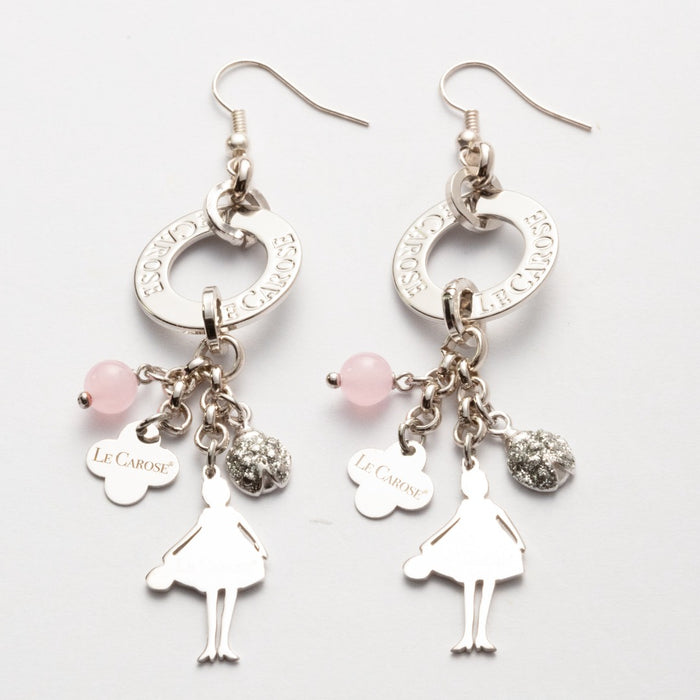 silver charm earrings with pink jewel charm, silver ladybug charm and le carose logo charm