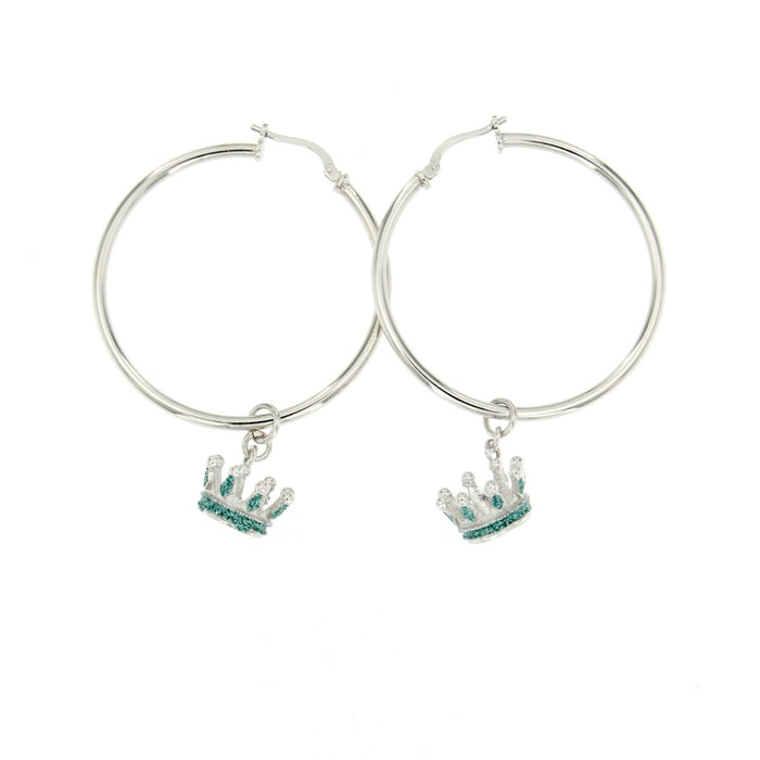 silver hoop earrings with one green crown charm on each earring