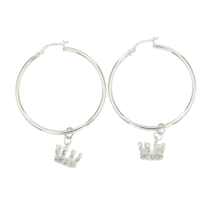 silver hoop earrings with one silver crown on each earring