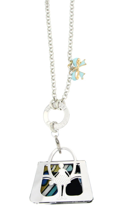 Silver plated long chain necklace with handbag charm and baby blue bow charm