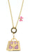 Gold plated long chain necklace with handbag charm with pink glitter and pink bow charm