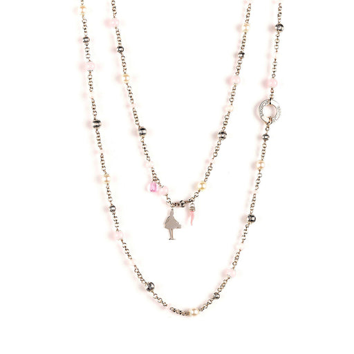 silver long chain necklace with pink and white jewels and charms