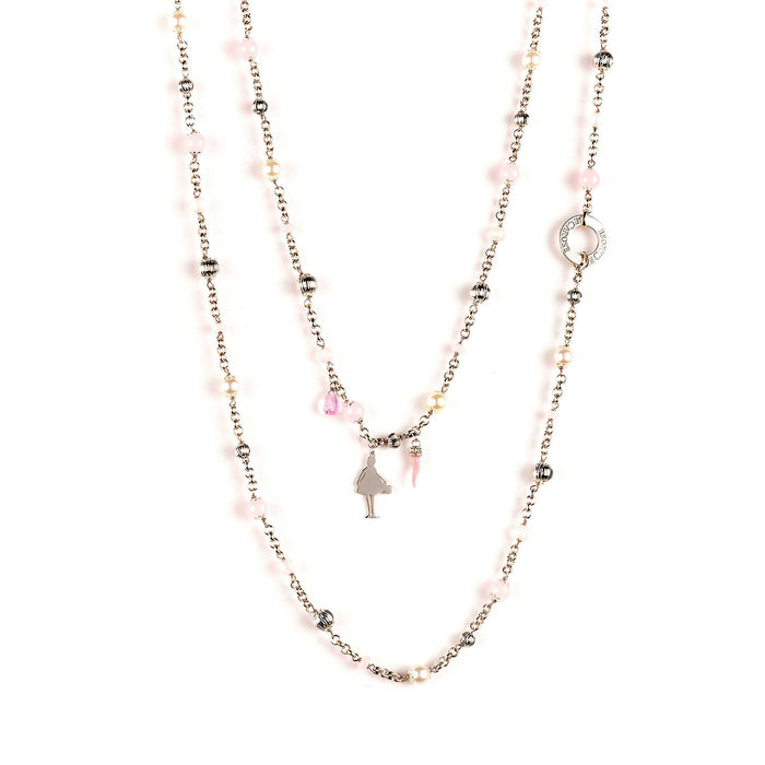 silver long chain necklace with pink and white jewels and charms